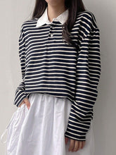 Women's Striped Polo Neck Long Sleeve T-Shirt, Fall Tee